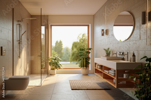 Modern bathroom with big window, super photo realistic background. Generative ai illustration © Anna