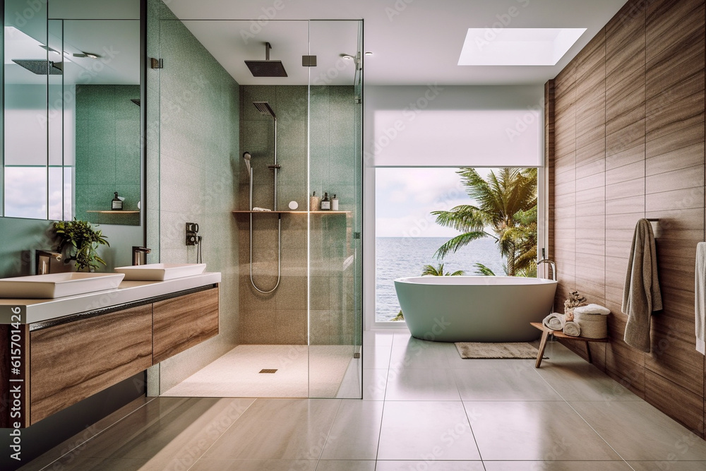 Modern bathroom with big window, super photo realistic background. Generative ai illustration Modern bathroom with big window, super photo realistic background. Generative ai illustration