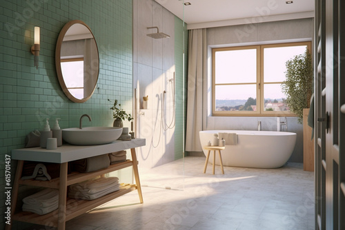 Modern bathroom with big window  super photo realistic background. Generative ai illustration