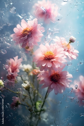 A bunch of soft pink flowers adorned with water droplets on a smooth glass surface named for its striking pastel hue  a calming image of plant life and clear water this shot perfectly captures the gen © Glittering Humanity