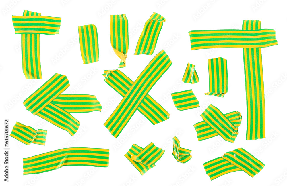 Duct repair tape green yellow set, collection patterns kit isolated on white, clipping path Duct repair tape green yellow set, collection patterns kit isolated on white, clipping path