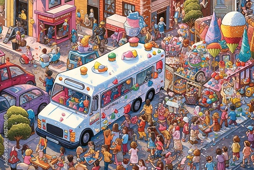 Ice cream truck parked on a bustling city street, surrounded by excited children and adults eagerly waiting to order their favorite frozen treats illustration generative ai