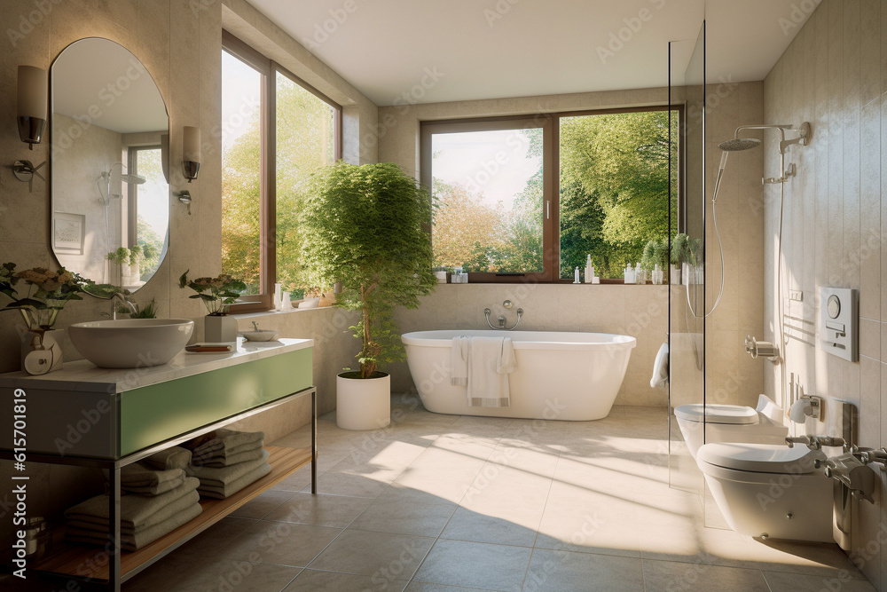 Modern bathroom with big window, super photo realistic background. Generative ai illustration Modern bathroom with big window, super photo realistic background. Generative ai illustration