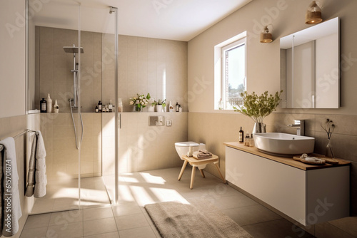 Modern bathroom with big window  super photo realistic background. Generative ai illustration