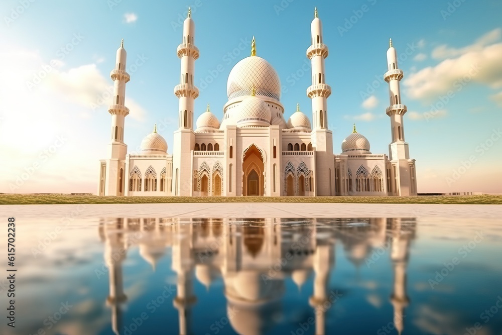 Naklejka premium Beautiful serene mosque with light exposure made with Generative AI