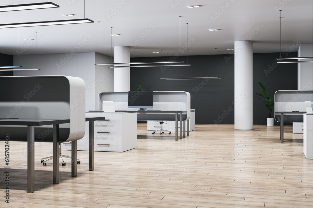 Modern coworking office interior with furniture, empty computer monitors and wooden flooring. 3D Rendering.