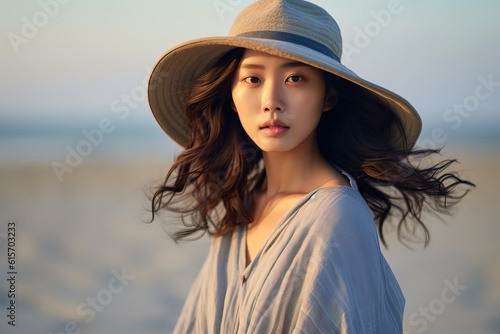 Portrait beautiful woman on the beach with hat made with Generative AI