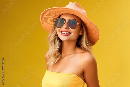 Portrait beautiful woman wearing sunglasses and hat smiling confident made with Generative AI