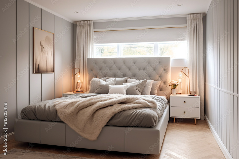 Modern bedroom with big window, super photo realistic background. Generative ai illustration Modern bedroom with big window, super photo realistic background. Generative ai illustration