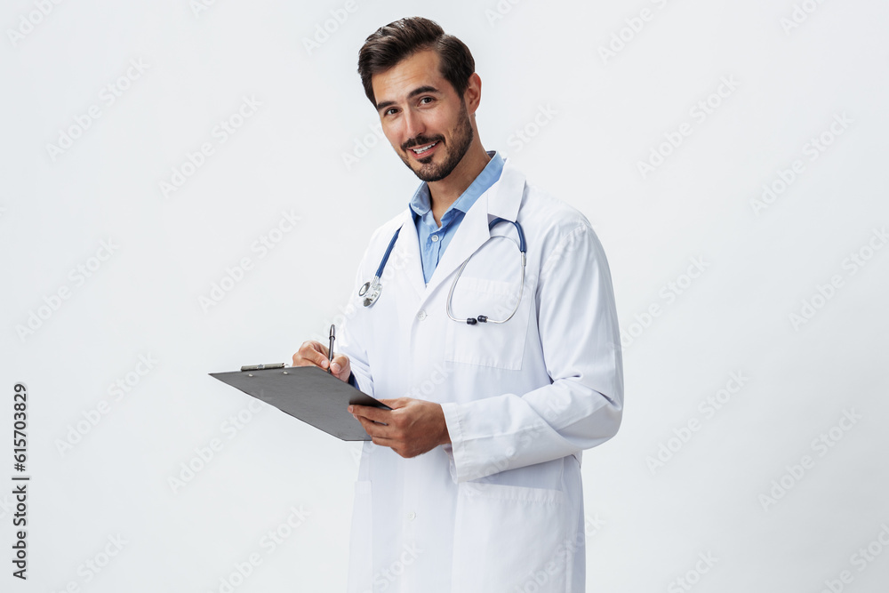 Man doctor in white coat with stethoscope and folder for notes and patient records smile and good test results on white isolated background, copy space, space for text, health Man doctor in white coat with stethoscope and folder for notes and patient records smile and good test results on white isolated background, copy space, space for text, health