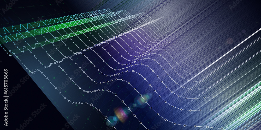 Abstract background graph wavy grid with circles and blurred lines on dark. Technology wireframe interlacement concept in virtual space. Banner for business, science and technology data analytics. Abstract background graph wavy grid with circles and blurred lines on dark. Technology wireframe interlacement concept in virtual space. Banner for business, science and technology data analytics.