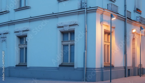 Facade architecture on street during blue hour. Generative ai