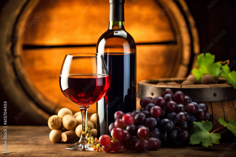 Fototapeta premium alcohol grape bottle wine beverage glass drink winery food background bunch. Generative AI.