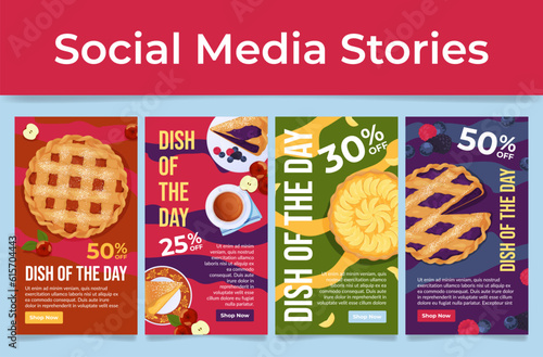 Dish of the day cafe restaurant cafeteria menu sale discount social media stories set vector