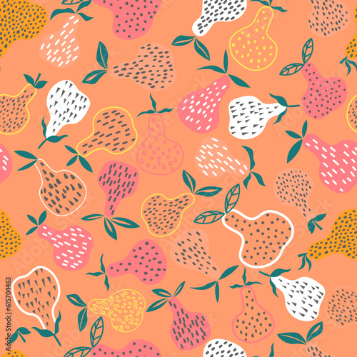Vector seamless pattern with colorful pears on a pink background in a flat style. Perfect for print, wrapping paper, wallpaper, fabric design. © Iryna Kuzmych