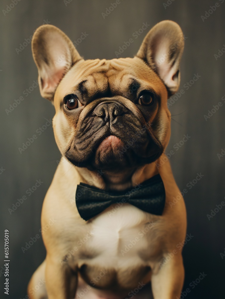 Dapper French Bulldog puppy wearing a bow tie. Vertical illustration. Generative ai illustration