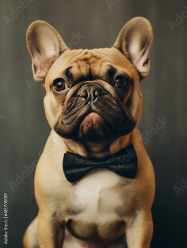 Dapper French Bulldog puppy wearing a bow tie. Vertical illustration. Generative ai illustration © kilimanjaro 