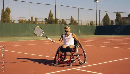 Disabled man on a wheelchair plays tennis on a tennis court. Generative ai © kilimanjaro 