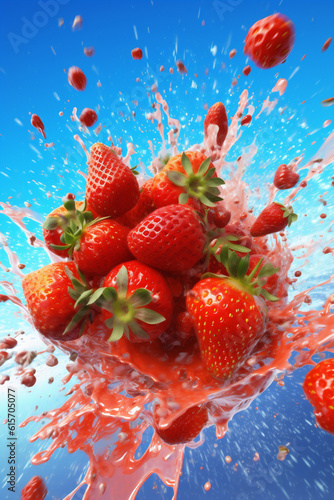 blue red water healthy splash freshness food background fresh strawberry fruit. Generative AI.