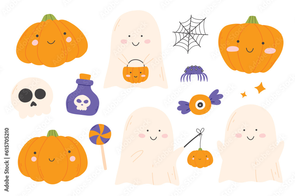 Cute kids set for Halloween. Collection of kids ghosts and pumpkins. Vector illustration in a flat style. Halloween cute characters.