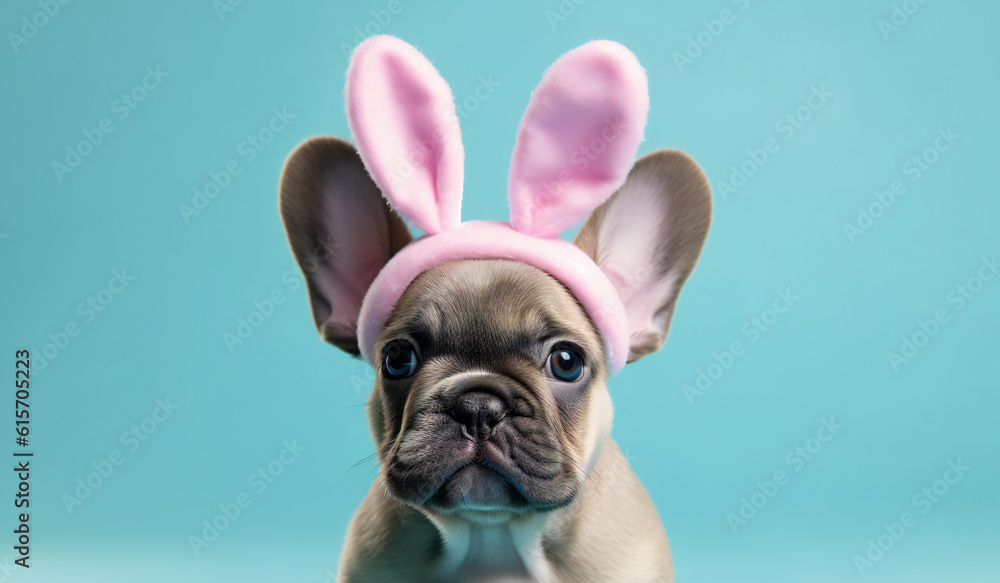 French Bulldog puppy dog wearing Easter bunny ears. Generative ai