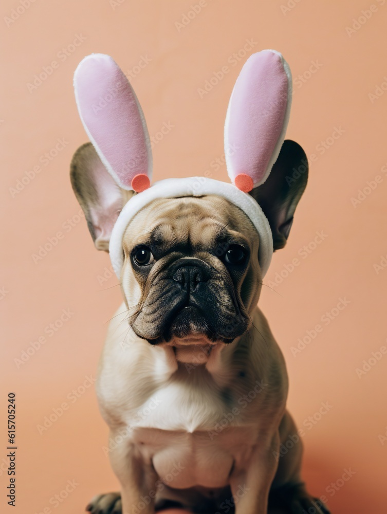 French Bulldog puppy dog wearing Easter bunny ears. Vertical orientation. Generative ai