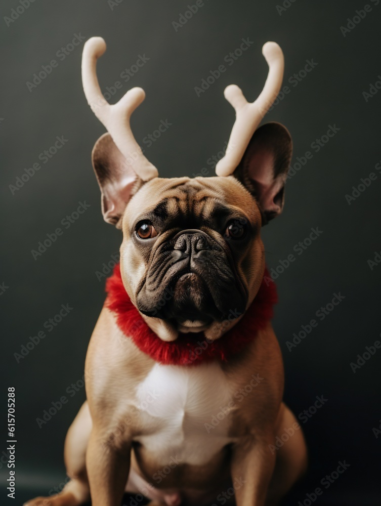 French Bulldog puppy dog wearing Merry Christmas antlers. Vertical orientation. Generative ai