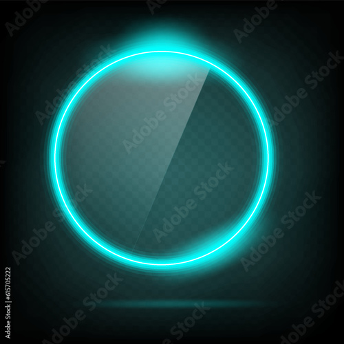 Circle frame transparent glass effect. Abstract blue light neon border shape. Futuristic screen glowing vector background.