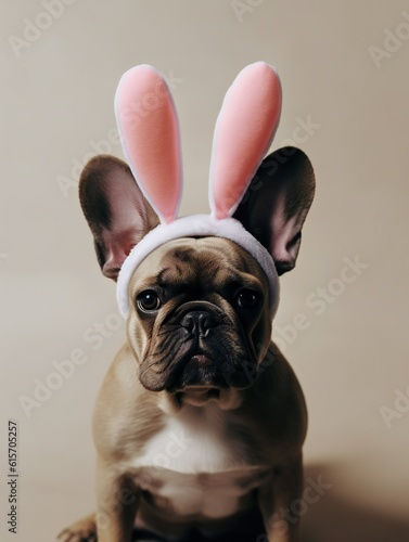 French Bulldog puppy dog wearing Easter bunny ears. Vertical orientation. Generative ai