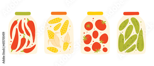 A set of homemade canned vegetables. Vector illustration in a flat style. Collection of jars with homemade pickles.