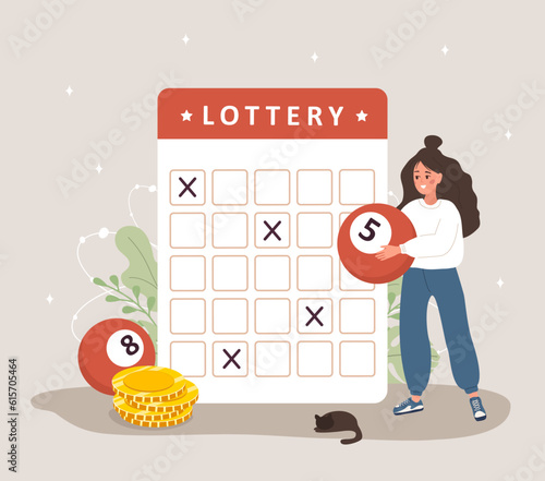 Lottery game. Woman with giant ball gambling. Hobby and leisure concept. Vector illustration in flat cartoon style.