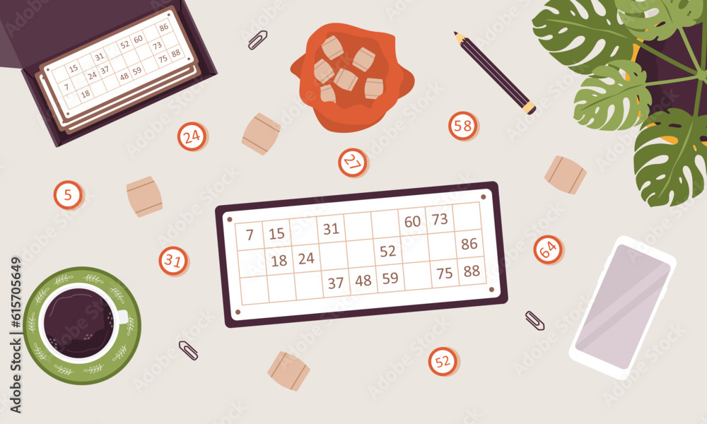 Lotto board game. Tickets and wooden barrels with number. Top view ...