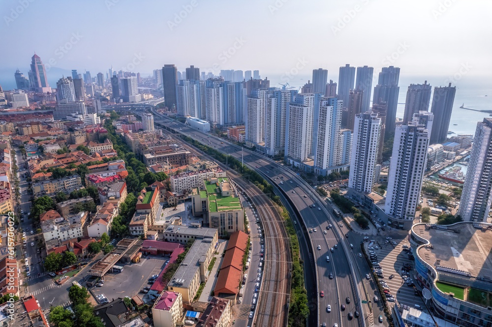 Fototapeta premium Aerospace Qingdao Urban Road Transportation Skyrim