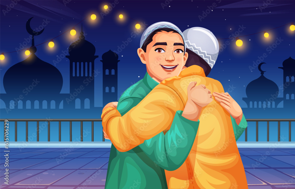 Happy Eid Poster With A Background Of An Islamic Mosque And Lights