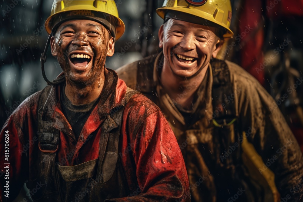 Happy of workers working at a crude oil well. Generative Ai