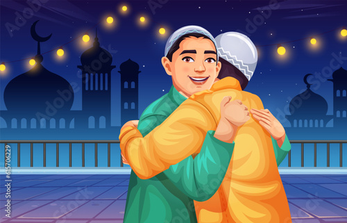 Happy Eid poster with a background of an Islamic mosque and lights. Illustration for greeting cards, posters, and banners. Eid ul-Fitr, Eid ul-Adha. Religious holiday.