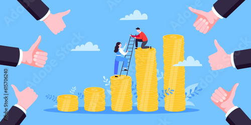 Business mentor helps improve career and money stacks growing. He holds stairs steps vector illustration. Mentorship, upskills, climb help self development strategy flat style design business concept.