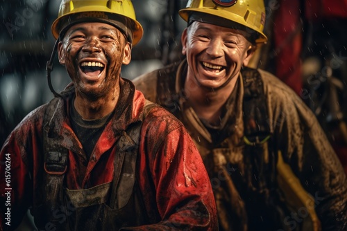 Happy of workers working at a crude oil well. Generative Ai © tong2530