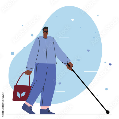 World disabled day. International Day of Persons with Disabilities. Vector flat people illustration. Disabled woman in black glasses and walking stick for web, infographics, mobile. isolated