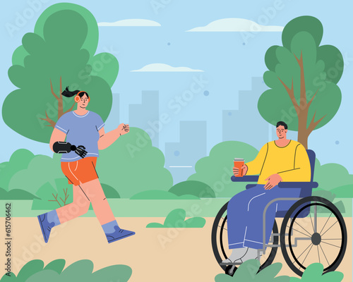 World disabled day. International Day of Persons with Disabilities. A woman with a prosthetic is running, a man in wheelchair walk in the park. Flat character in isolated background. Vector © Svetlana