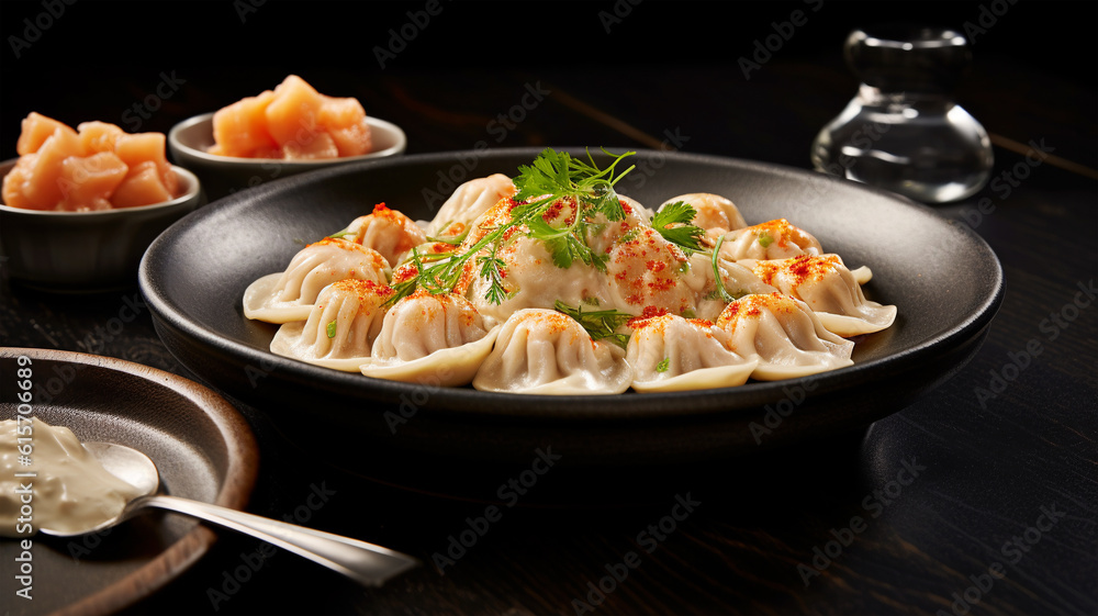 Delicious pelmeni, dumplings, ravioli, for menu in restaurant, banners, social media Delicious pelmeni, dumplings, ravioli, for menu in restaurant, banners, social media