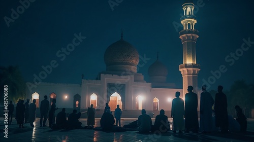 A beautifully illuminated mosque during the evening prayer, with devout worshippers praying . Generative AI. 