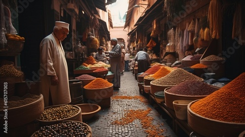 A bustling souk with vendors selling spices, textiles, and handcrafted items . Generative AI.  photo