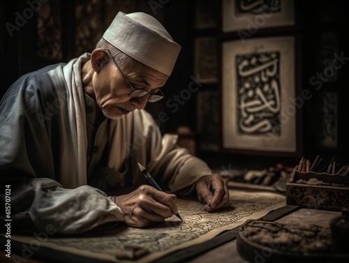 A calligrapher in his workshop, working meticulously on an ornate piece of Arabic calligraphy . Generative AI. 