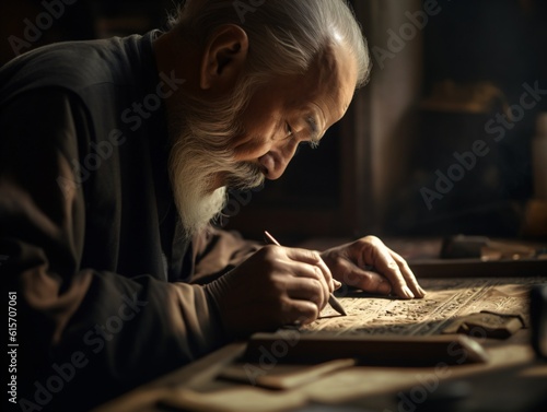A calligrapher in his workshop, working meticulously on an ornate piece of Arabic calligraphy . Generative AI. 