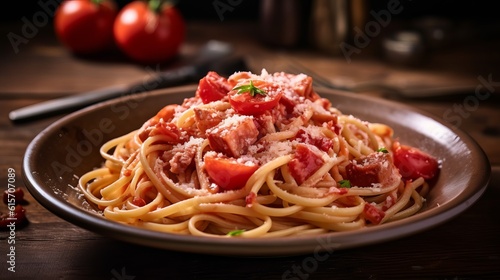 spaghetti with amatriciana sauce in the dish on the wooden table Generative AI