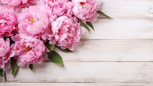 Pink flowers peonies on a white wooden background, space for greeting text Generative AI © Suleyman