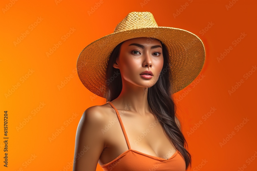 Portrait beautiful woman on the beach wearing straw hat made with Generative AI Portrait beautiful woman on the beach wearing straw hat made with Generative AI