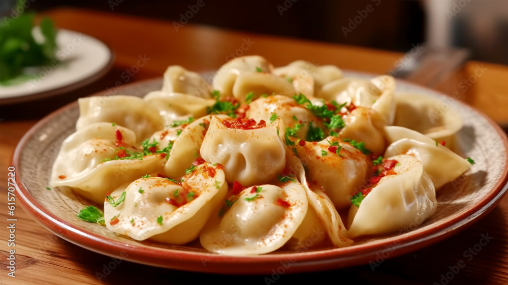 Delicious pelmeni, dumplings, ravioli, for menu in restaurant, banners, social media Delicious pelmeni, dumplings, ravioli, for menu in restaurant, banners, social media