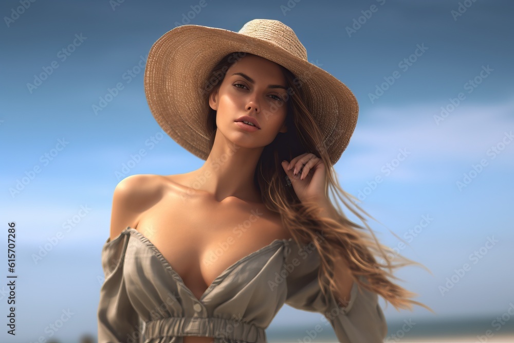 Portrait beautiful woman on the beach wearing straw hat made with Generative AI